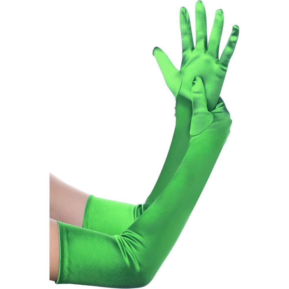 Women's Green Vintage Satin Long Gloves Party Tea Costume Stretchy Elbow Length